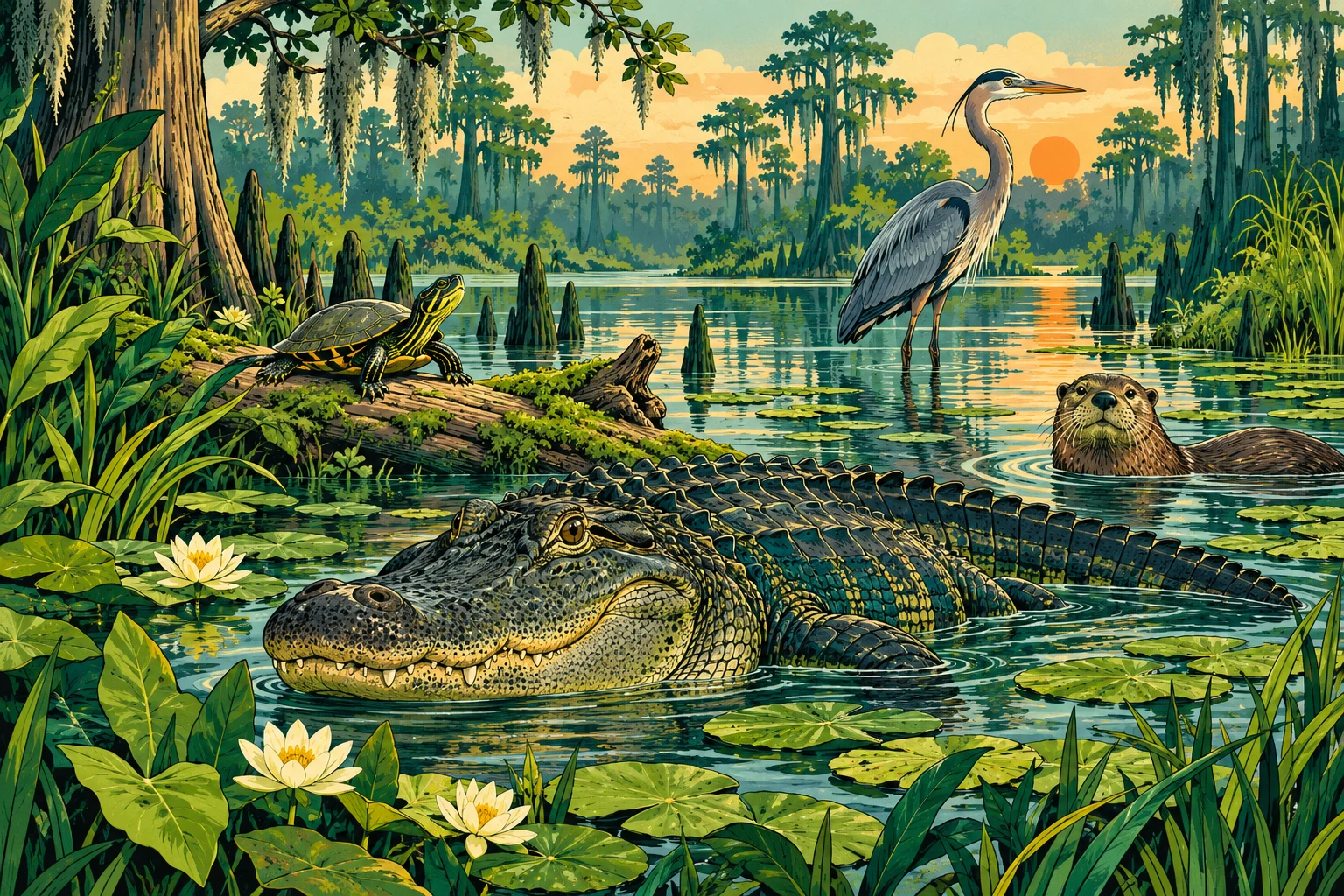 Colorful wetland illustration with an alligator, river otter, turtle, and heron among lush plants.